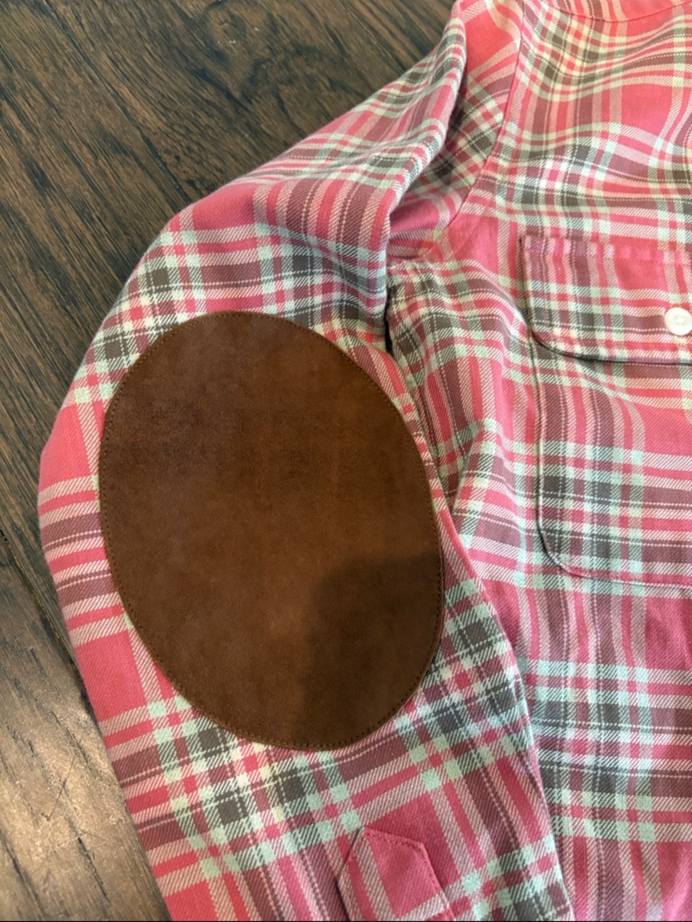 Ralph Lauren Pink Plaid Button-Down Shirt with Brown Elbow Patches - Picture 2 of 5